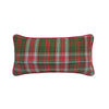 embroidered and tufted pillow with a red and green plaid design. the word jolly covers the front of the pillow in a white flourishing font