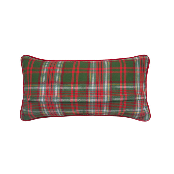 embroidered and tufted pillow with a red and green plaid design. the word jolly covers the front of the pillow in a white flourishing font