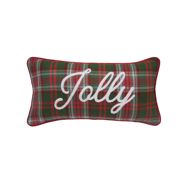 embroidered and tufted pillow with a red and green plaid design. the word jolly covers the front of the pillow in a white flourishing font