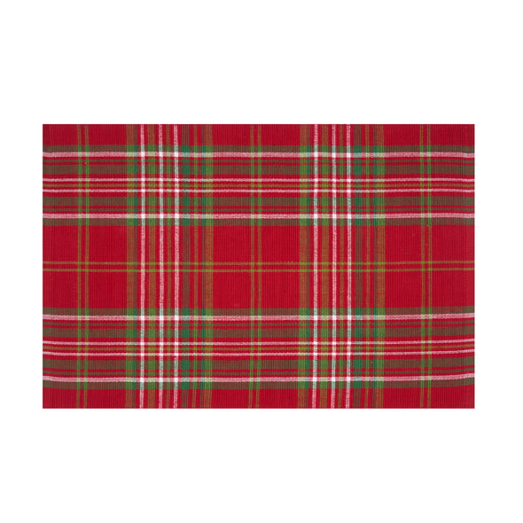 woven placemat with a red background and white and green accents in the plaid design