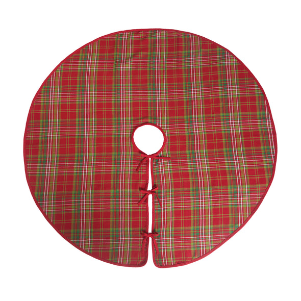 woven tree skirt with a red and green plaid pattern