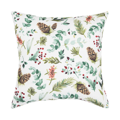 pillow with watercolor inspired pattern of leaves, pine cones, and other rustic natural elements on a white backdrop