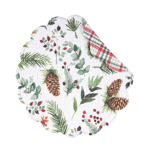 watercolor inspired foliage and pinecones on quilted placemat