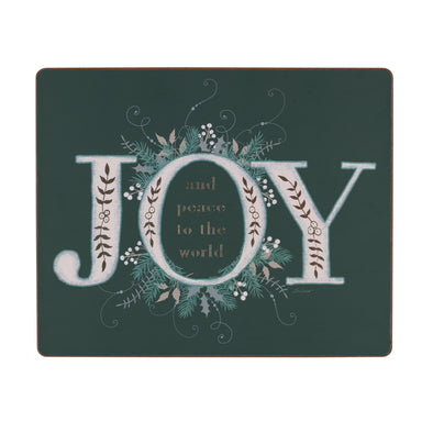 hardboard placemat with botanical artwork from Lori Siebert and the word JOY in oversized letters. the phrase and peace to the world sits inside the O on this emerald background