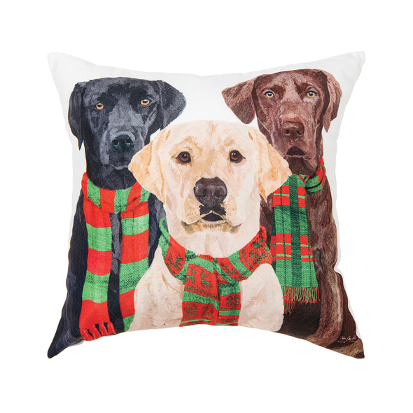 Lab Scarves Trio Pillow with a yellow, brown, and black labs wearing red and green plaid scarves