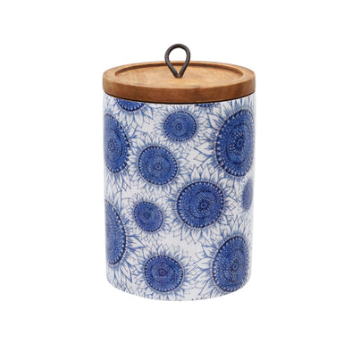 white canister with blue sunflower pattern with a wood lid