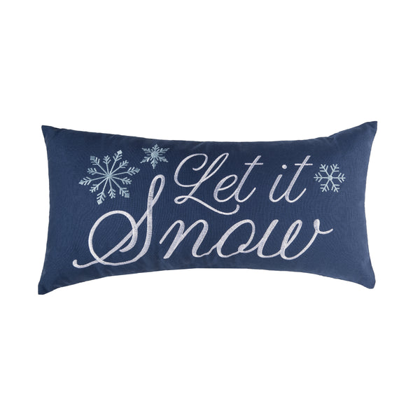 wintery blue pillow with an embroidered phrase of let it snow in a flourishing script surrounded by delicate snowflakes