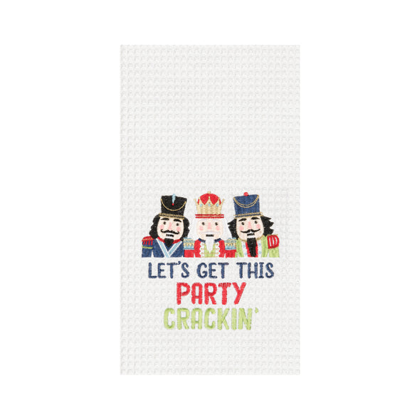 Lets get this party crackin waffle weave kitchen towel with three nutcrackers