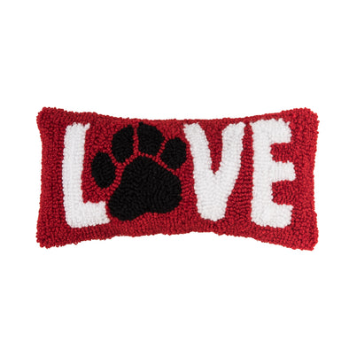 mini red hooked pillow with the word LOVE written in white with a black paw print in place of the O
