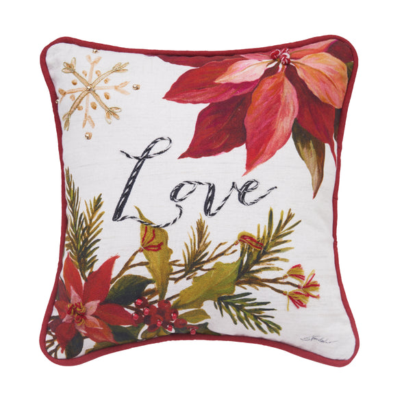 embellished and printed pillow with artwork by Silvia Vassileva of poinsettias decorating the corners and the word Love written in the center