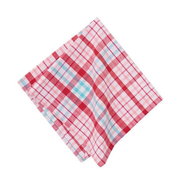 pink, light blue, and red plaid napkin