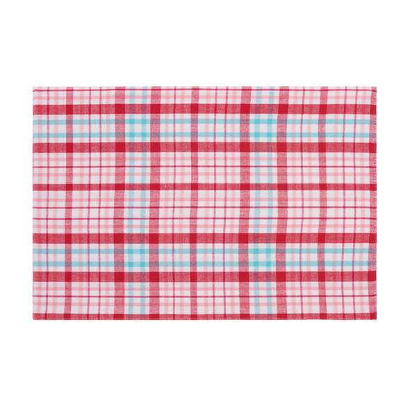 pink, light blue, and red plaid rectangle placemat