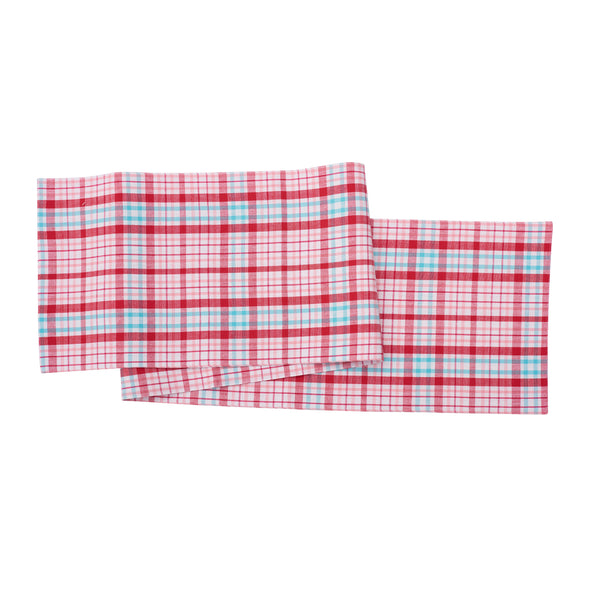 pink, light blue, and red plaid table runner