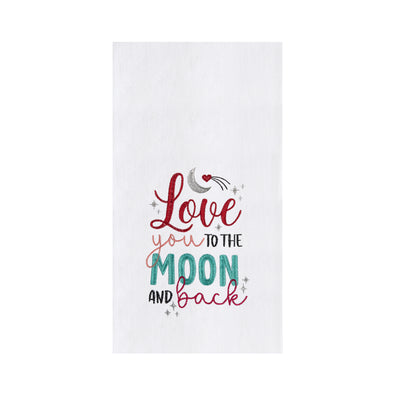 white towel with "love you to the moon and back" embroidered on it in red, peach, black, and teal surrounded by stars and the moon with a shooting heart