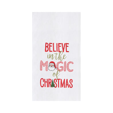 magic of christmas kitchen towel "believe in the magic of christmas: written in red and green with a santa and christmas tree 