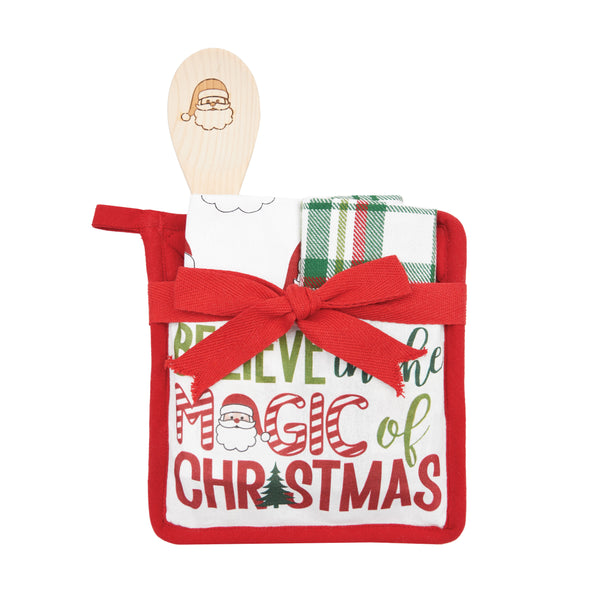 potholder gift set with a pot holder that reads believe in the magic of Christmas paired with cotton towels and a wooden spoon stamped with Santa's face