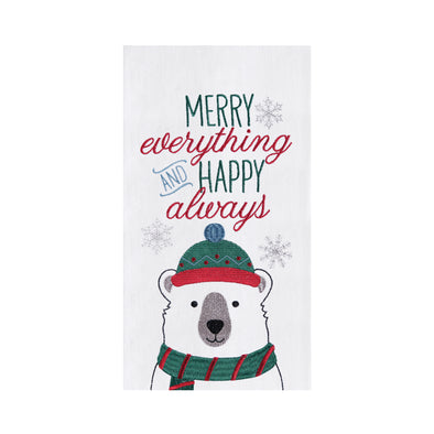 embroidered flour sack towel with the phrase Merry Everything and Happy Always above a polar bear wearing winter gear