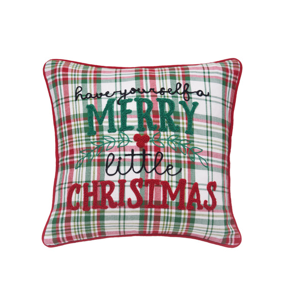 applique and tufted pillow with the phrase have yourself a merry little Christmas on a plaid pillow in red and green. a holly berry and leaves sits in the center of the pillow with tufted berries