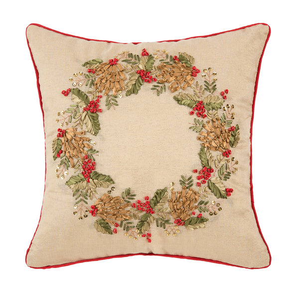 ribbon art pillow featuring an abstract wreath filled with foliage and berries on a natural background and trimmed in red