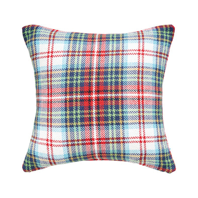  Morris Plaid woven Pillow has a red, yellow, blue, and white plaid pattern
