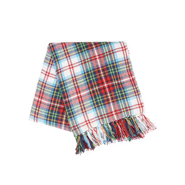 morris plaid woven throw is a light blue, yellow, red, navy, and white plaid with tassel edges