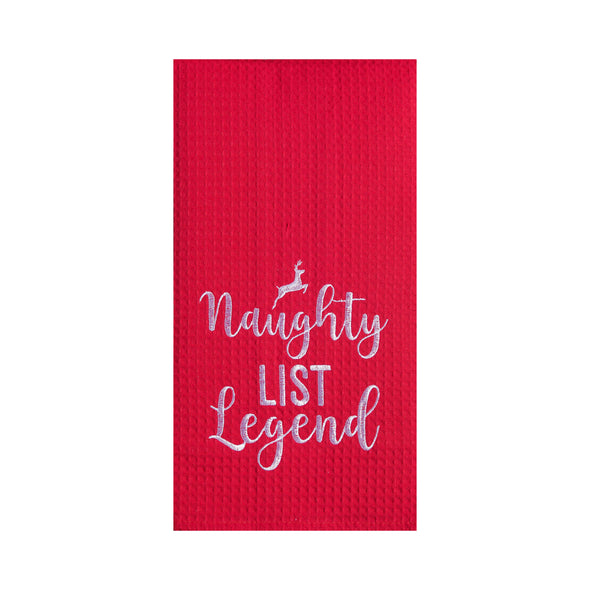 red waffle weave towel with the words naughty list legend below a leaping reindeer