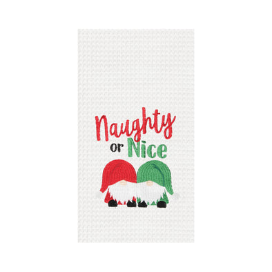 naughty or nice gnomes waffle weave kitchen towel, red and green gnomes with naughty or nice on white towel