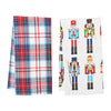 Nutcracker plaid towel set of 2 kitchen towels. One side has blue, red. and a little bit of yellow plaid, the other has multiple color nutcrackers