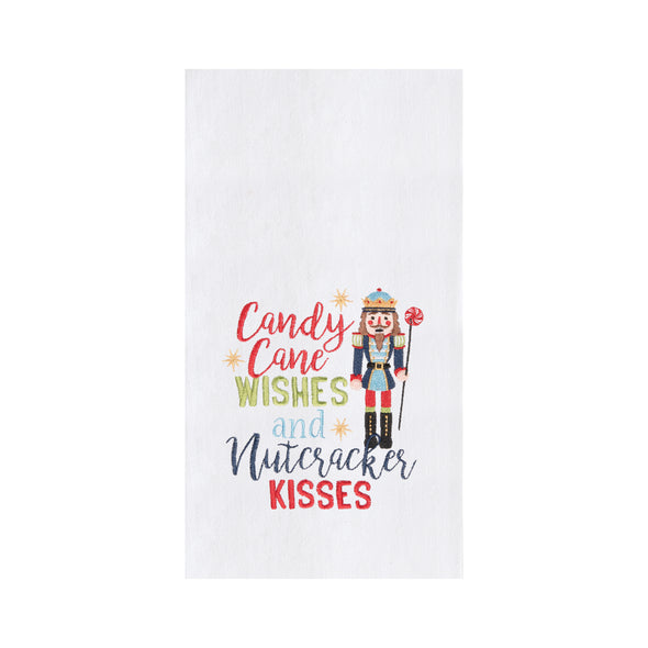 nutcrackers kisses kitchen towel with "candy cane wishes and nutcracker kisses" with a nutcracker in red, green, and blue
