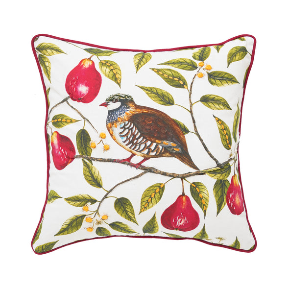 partridge in a pear tree decorative pillow with a detailed partridge in a pear tree on a white pillow with red trim