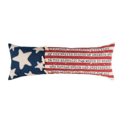 long pillow resembling an American flag but the white stripes contain patriotic wording for extra sentiment.