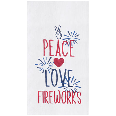 flour sack towel with the words peace love fireworks surrounded by bursts of blue fireworks and a hand giving the peace sign