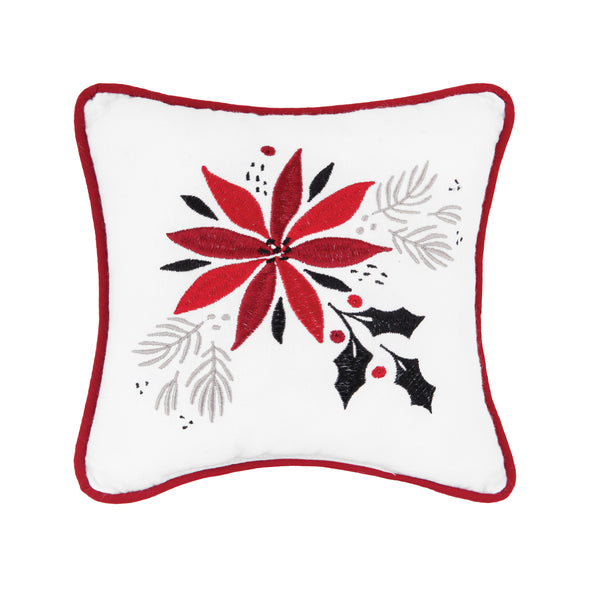 Poinsettia & Mistletoe Pillow is white with a red poinsettia and trim accented with black and grey leaves