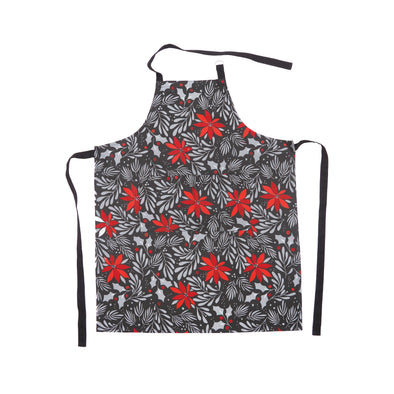 Poinsettia Christmas Apron is printed with red poinsettias and gray floral accents on a black background.