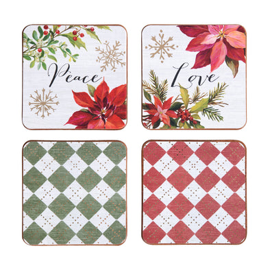 coaster set featuring artwork by Silvia Vassileva including poinsettias and a checkered pattern in green and red