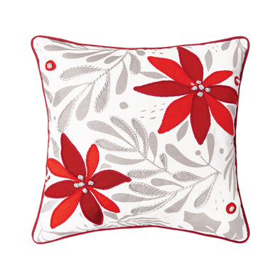 Poinsettia Christmas decorative Pillow with red poinsettias and grey branches on a white pillow with red trim