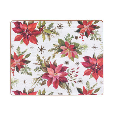 hardboard placemat with artwork by Silvia Vassileva of Christmas poinsettias that are highly illustrative