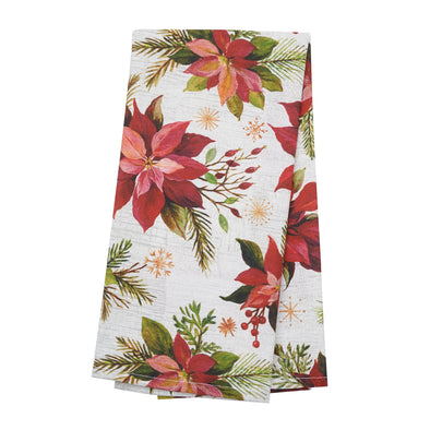 printed kitchen towel with an artistic rendition of Christmas poinsettia flowers