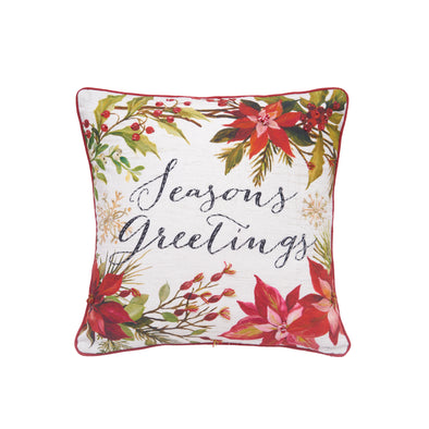 printed and embellished pillow with artwork from Silvia Vassileva. Poinsettias cover this pillow and beaded snowflakes add an extra accent