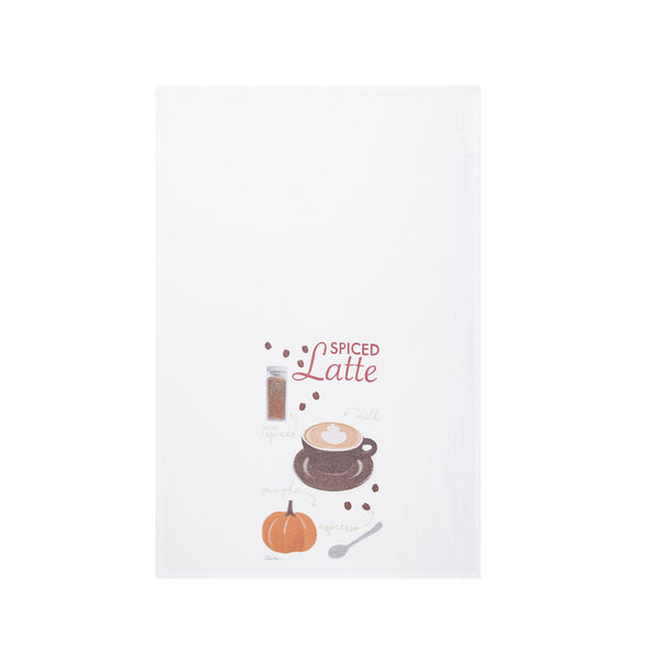 printed flour sack towels featuring ingredients for a spiced latte with illustrated ingredients and food