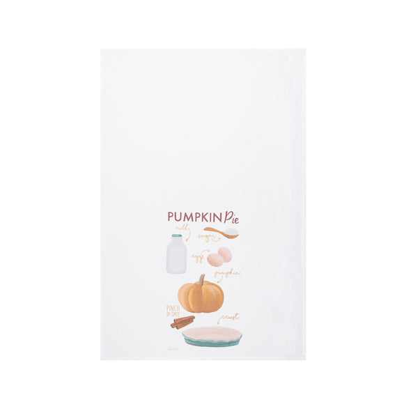 printed flour sack towels featuring ingredients for pumpkin pie with illustrated ingredients and food