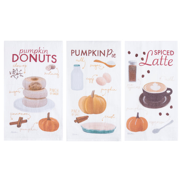 set of three printed flour sack towels featuring ingredients for pumpkin donuts on one, pumpkin pie on the second, and spiced latte on the third with illustrated ingredients and food