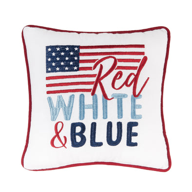 embroidered pillow with the words red white & blue in front of an american flag on a white background and trimmed in red