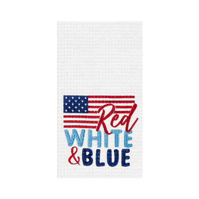 waffle weave towel with the words red white & blue in front of an American flag design