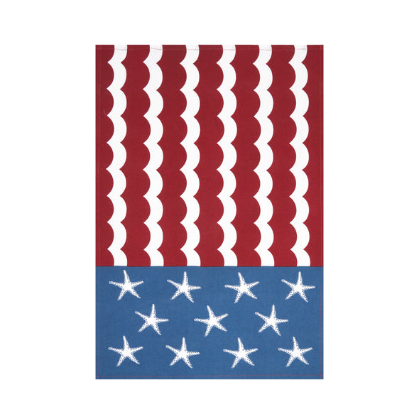 printed kitchen towel resembling an American flag but the stars are made from starfish and the stripes are designed like waves