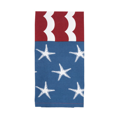 printed kitchen towel resembling an American flag but the stars are made from starfish and the stripes are designed like waves