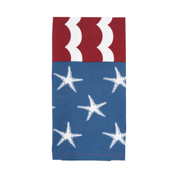 printed kitchen towel resembling an American flag but the stars are made from starfish and the stripes are designed like waves