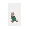 reindeer cat waffle weave kitchen towel, cat with a green and red striped sweater and reindeer antlers on a white towel