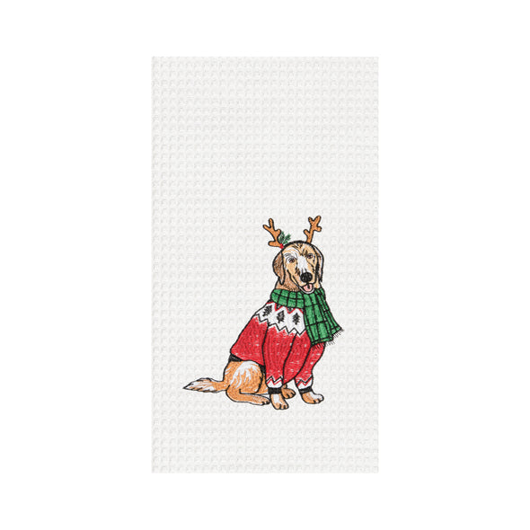 reindeer cat waffle weave kitchen towel, dog with a red sweater and reindeer antlers on a white towel