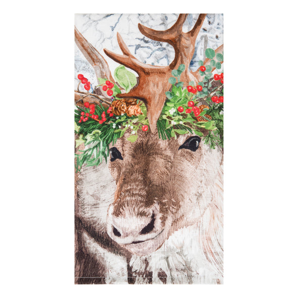 Detail shot of the printed kitchen towel featuring a reindeer wearing a holiday crown; artwork by Two Can Art.